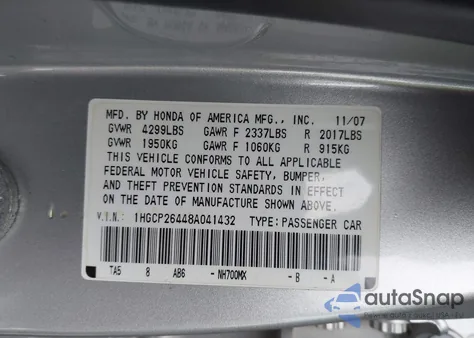 2008 Honda Accord 2.4 Lx-P from USA, damaged, VIN 1HGCP26448A041432